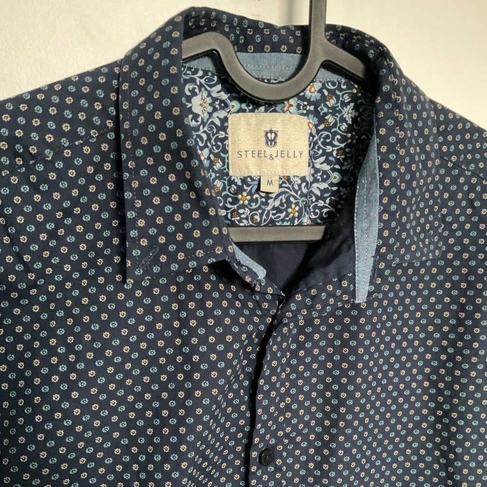 Steel & Jelly navy blue button-down patterned dress shirt, 100% cotton - medium